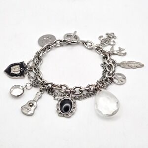Silver Tone Chain Charm Bracelet Toggle Clasp Crown‎ Guitar Bird Fleur-de-lis